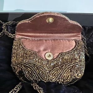 Dressy copper beaded mini purse for cards, mini lipstick. Long beaded strap.